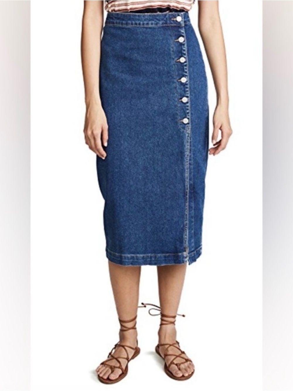 Free People Jasmine Midi Jean Skirt Side Slit Buttons Medium Wash Boho Western 8